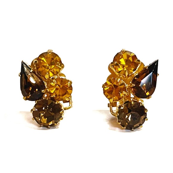 Vintage Gold Brown Tone Rhinestone Clip On Earrings Sparkly Classy Fancy Pretty - Picture 1 of 10